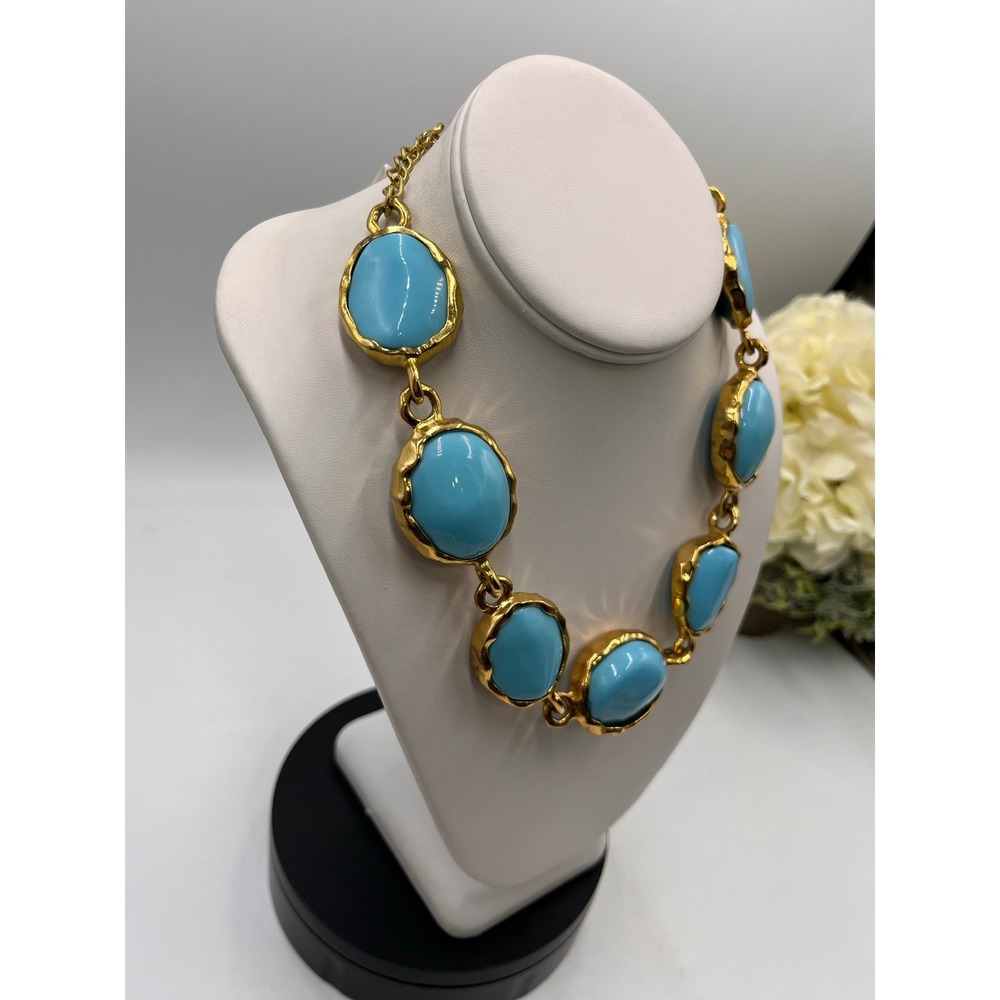 KENNETH LANE Gold Tone Large‎ Faux Resin Turquoise Chunky Statement Necklace - Picture 4 of 10